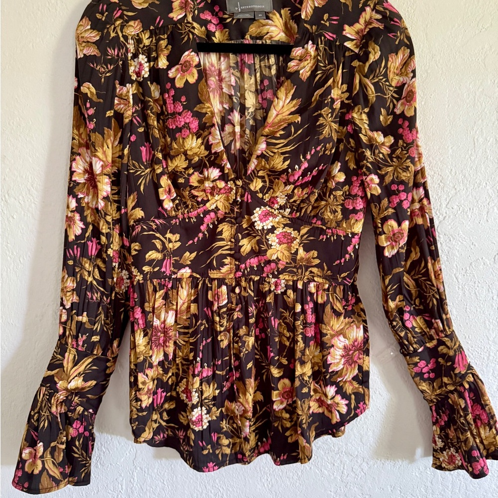Anthropologie Floral Blouse in Pink and Gold
